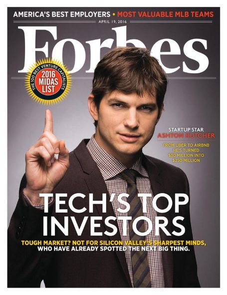 Forbes listed Ashton Kutcher tech's top investor in 2016.